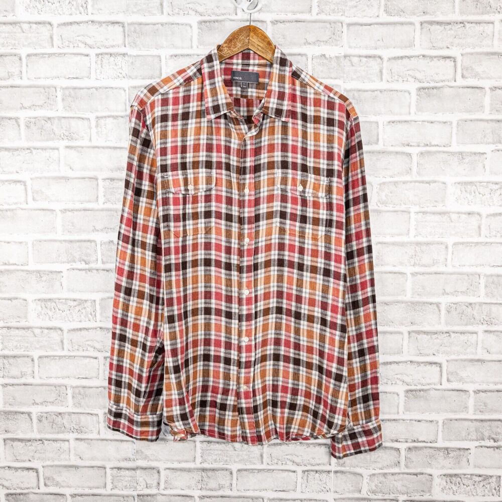 VINCE Men's 100% Linen Button Down Shirt in Multi color Plaid Size Large